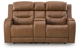 Head on view of Knightington caramel loveseat