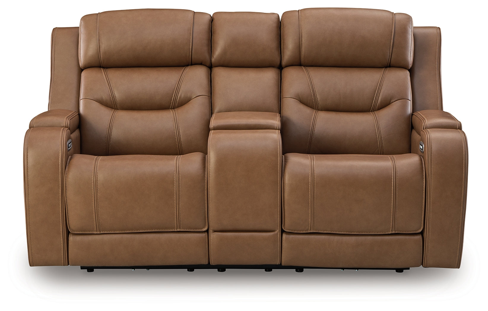 Head on view of Knightington caramel loveseat