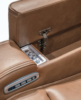 Knightington Caramel Leather Power Reclining Sofa with Audio Seating