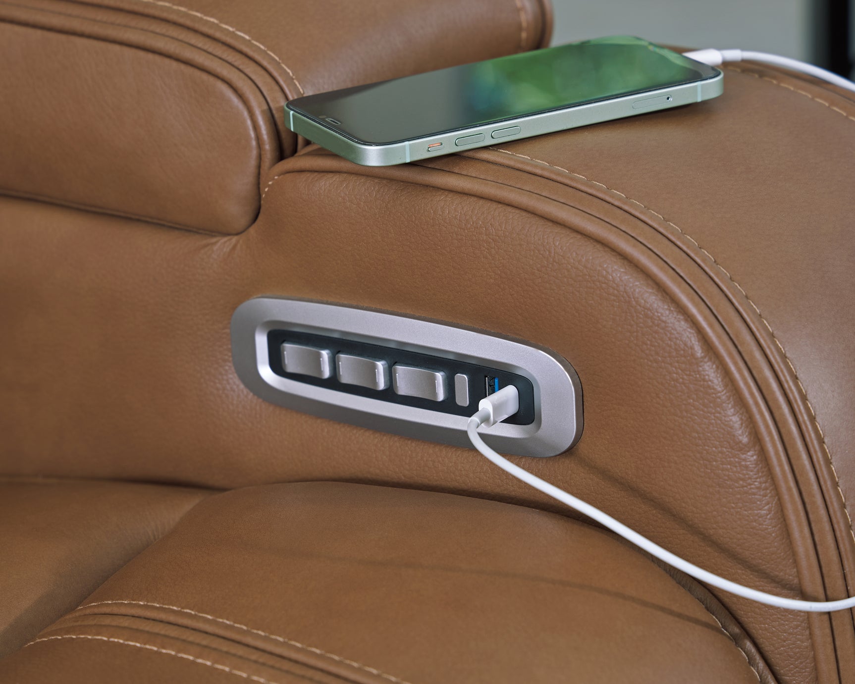 Knightington Caramel Leather Power Reclining Sofa with Audio Seating