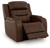 Knightington Brown Leather Power Recliner with Audio Seating reclined position