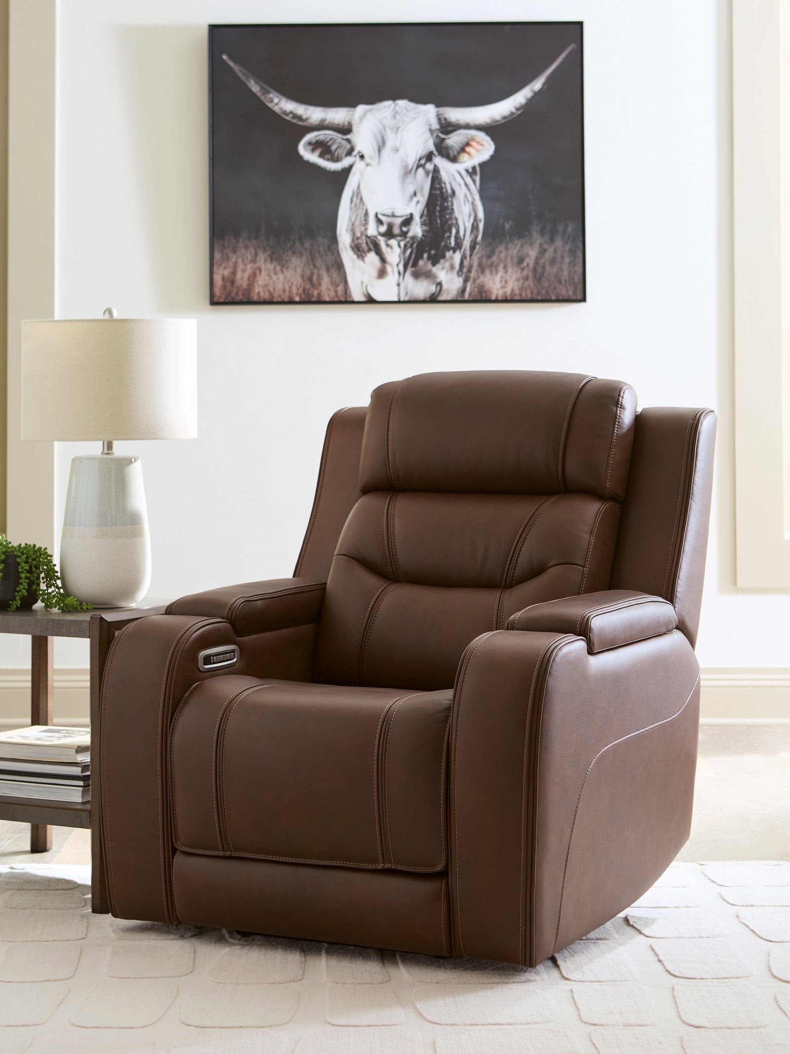 main view of Knightington Brown Leather Power Recliner with Audio Seating recliner