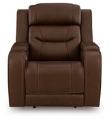 Knightington Brown Leather Power Recliner with Audio Seating head-on view