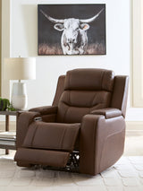 Knightington Brown Leather Power Recliner with Audio Seating fully reclined