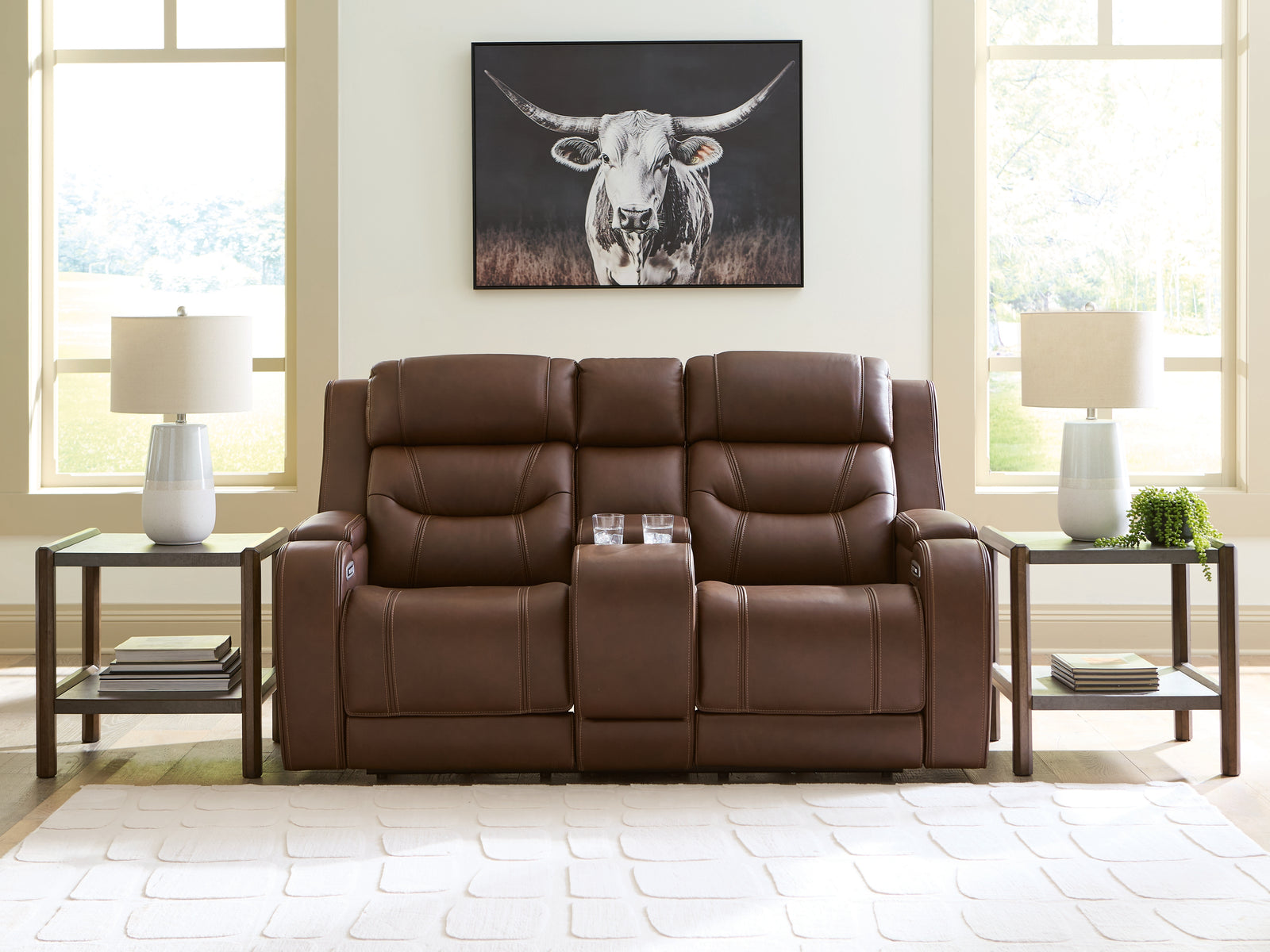 Knightington Brown Leather Power Reclining Loveseat with Audio Seating