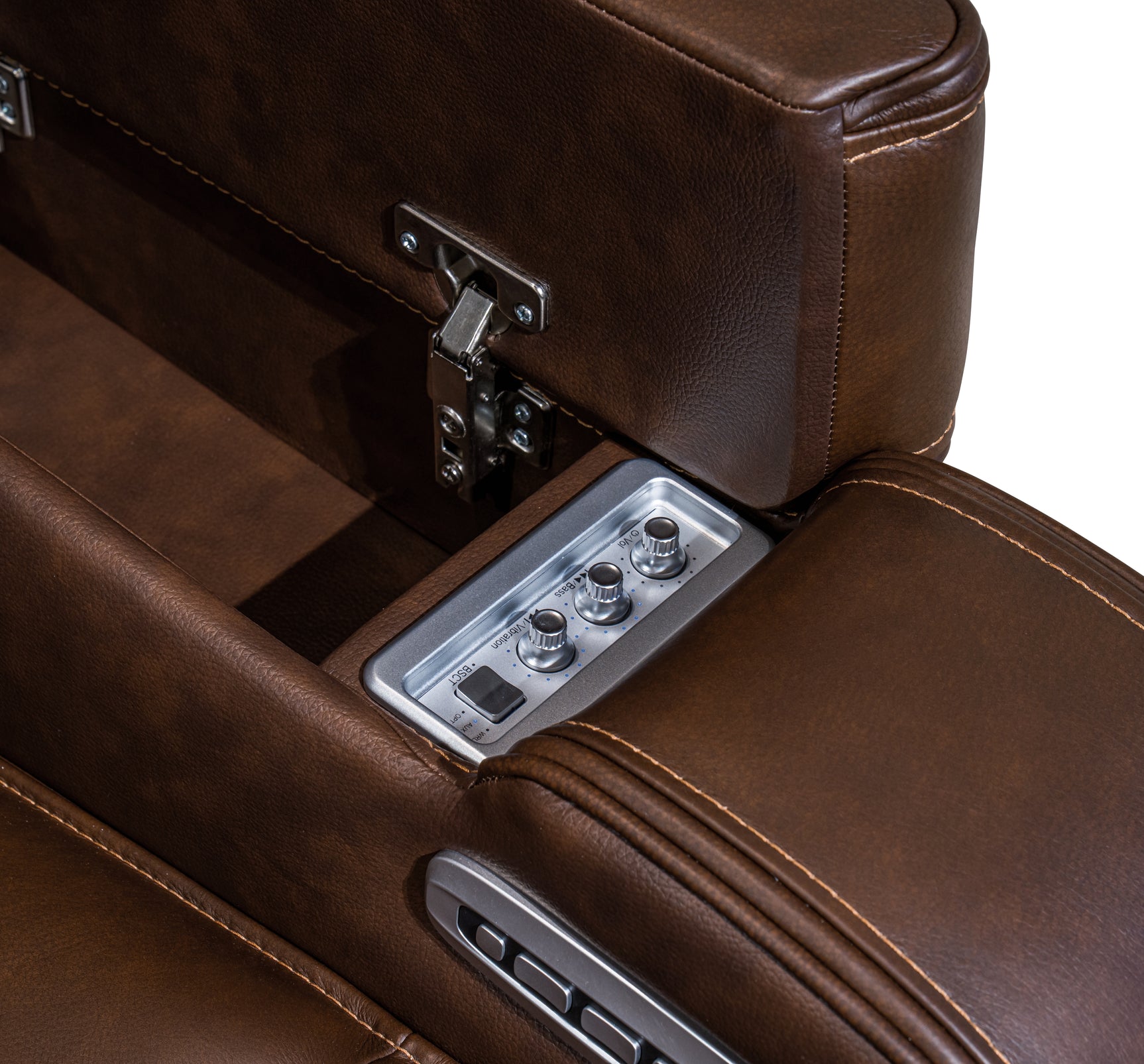 Knightington loveseat power control on armrest detail A