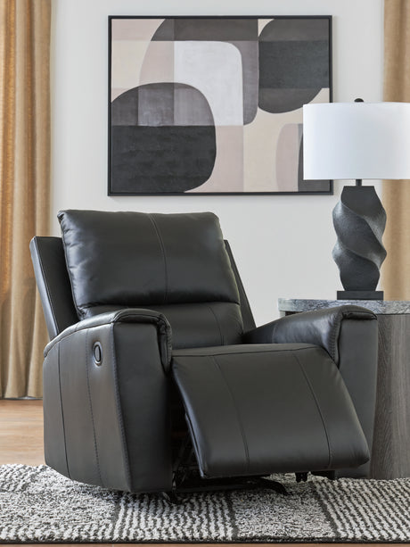 Glossmore Black Leather Recliner reclined position
