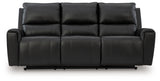 Glossmore black leather reclining sofa head-on view