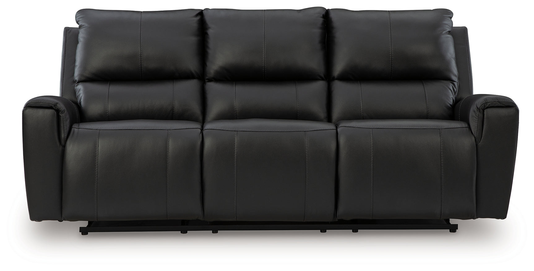 Glossmore black leather reclining sofa head-on view
