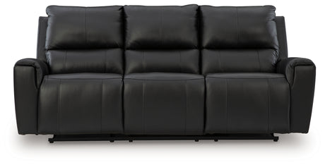 Glossmore black leather reclining sofa head-on view