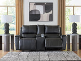 Glossmore Reclining Loveseat console opened, storage visible