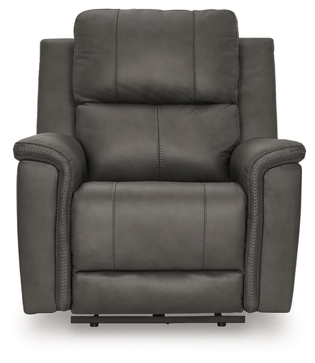 Close-up of stitching on Bleckley Anchor Leather Power Recliner