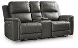 Bleckley loveseat console open showing storage and cup holders