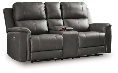 Bleckley loveseat console open showing storage and cup holders