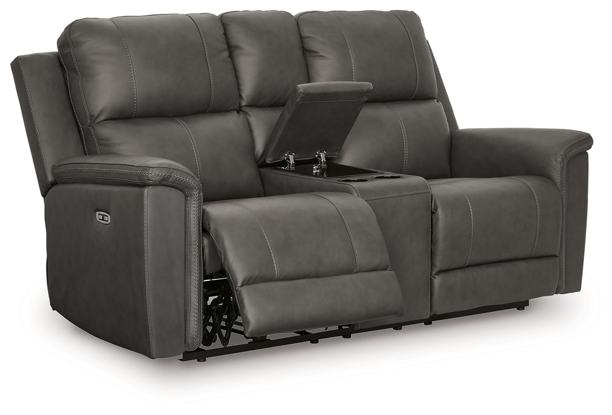 Head-on view of Bleckley Anchor Leather Power Reclining Loveseat with Console