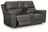 Head-on view of Bleckley Anchor Leather Power Reclining Loveseat with Console