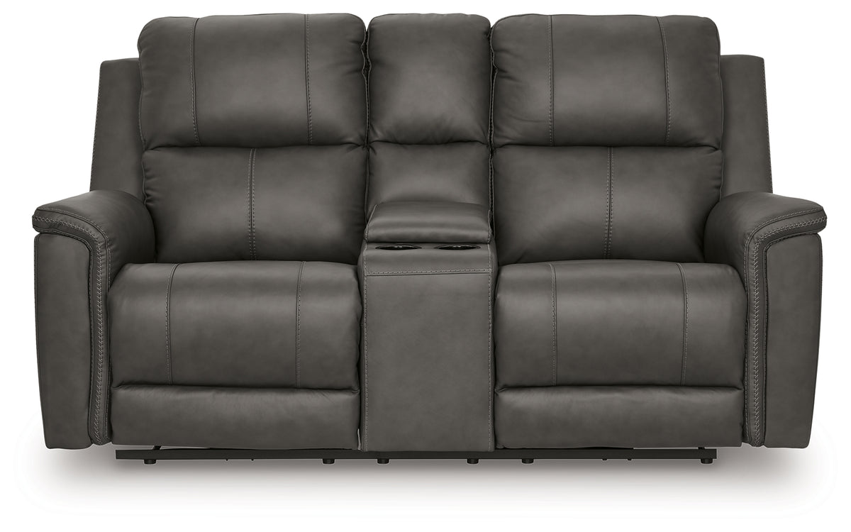 Side view of Bleckley Anchor Leather Power Reclining Loveseat with Console
