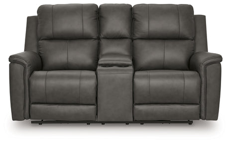 Side view of Bleckley Anchor Leather Power Reclining Loveseat with Console
