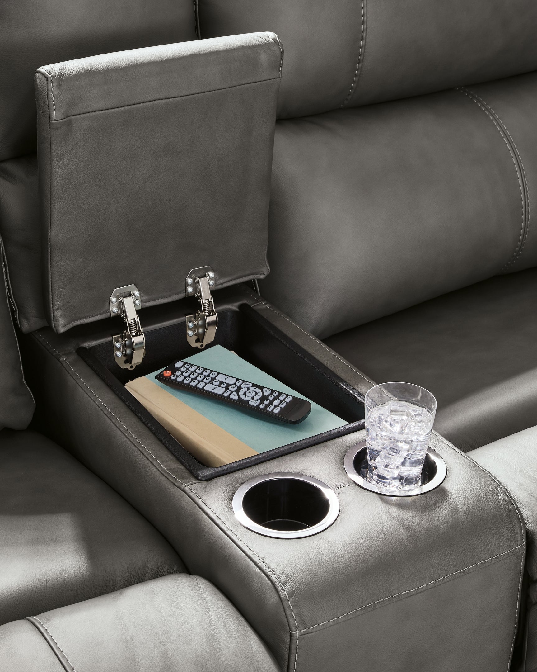 Console with storage compartment and dual cup holders