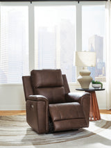 open recline side view of Bleckley Espresso Leather Power Recliner