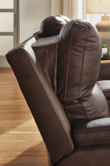 adjustable headrest detail of Bleckley Espresso Leather Power Recliner