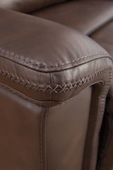Close-up of stitch detail on leather upholstery