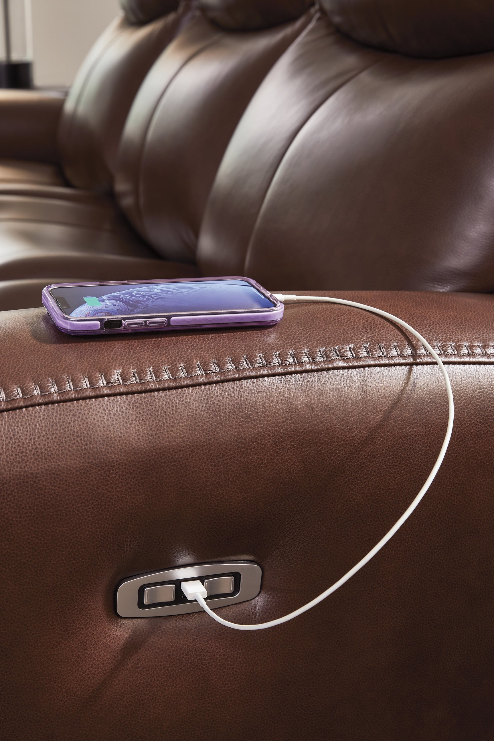 USB charging port detail on loveseat
