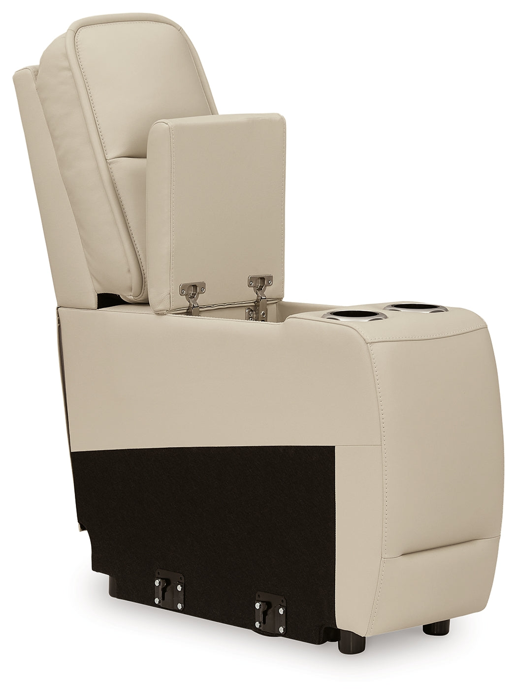 Side view of armrest with pop-out storage and cup holder