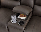 Center console with cup holders and storage on Boxmere loveseat