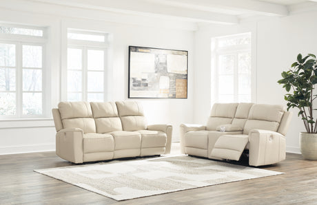 Almond loveseat side view with reclining feature