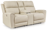 Dahlmoore Almond Leather Power Reclining Loveseat with Console