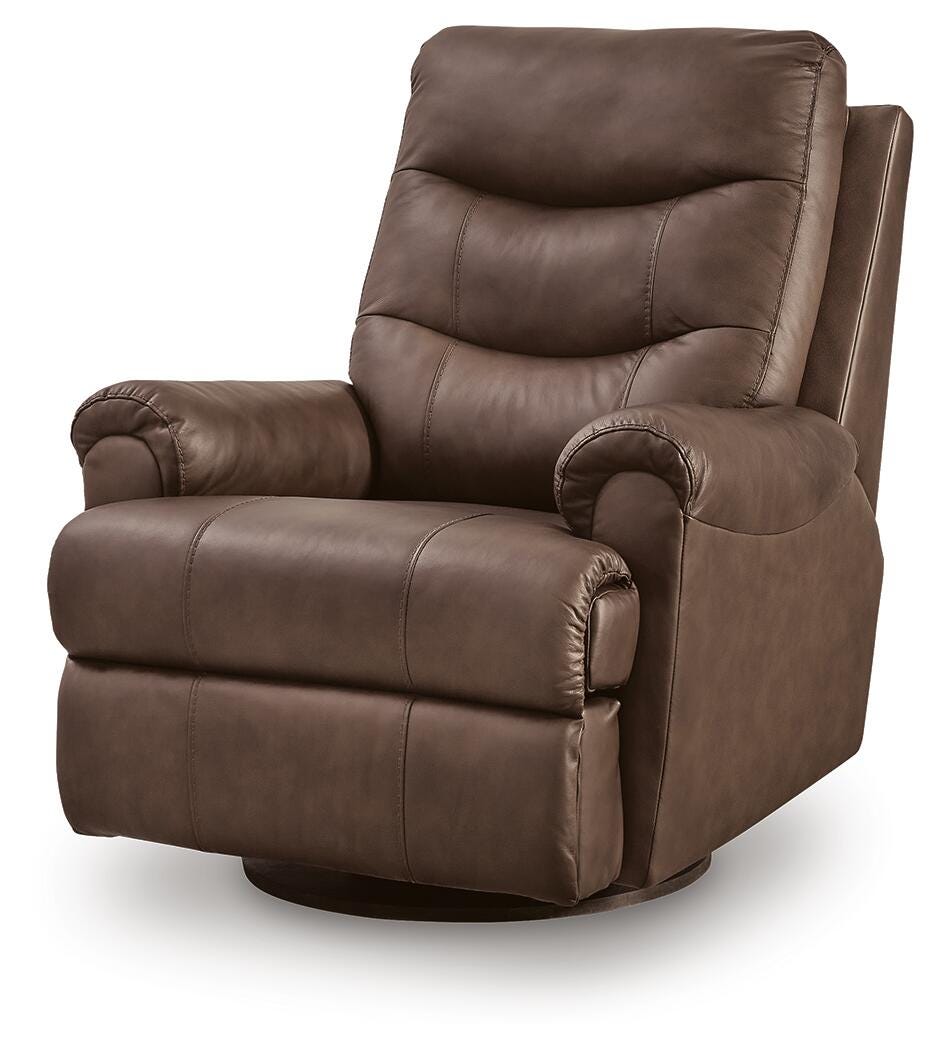Flynwood Espresso Leather Swivel Glider Recliner from Decor Furniture