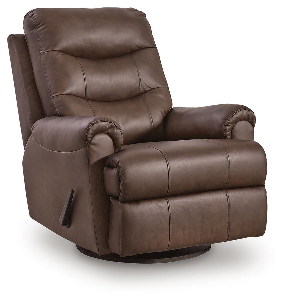Flynwood Espresso Leather Swivel Glider Recliner angled view