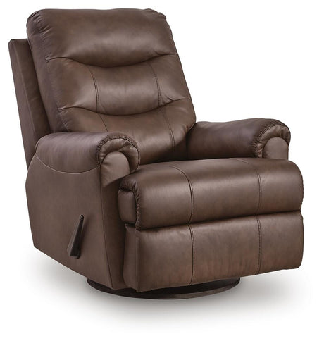 Flynwood Espresso Leather Swivel Glider Recliner angled view