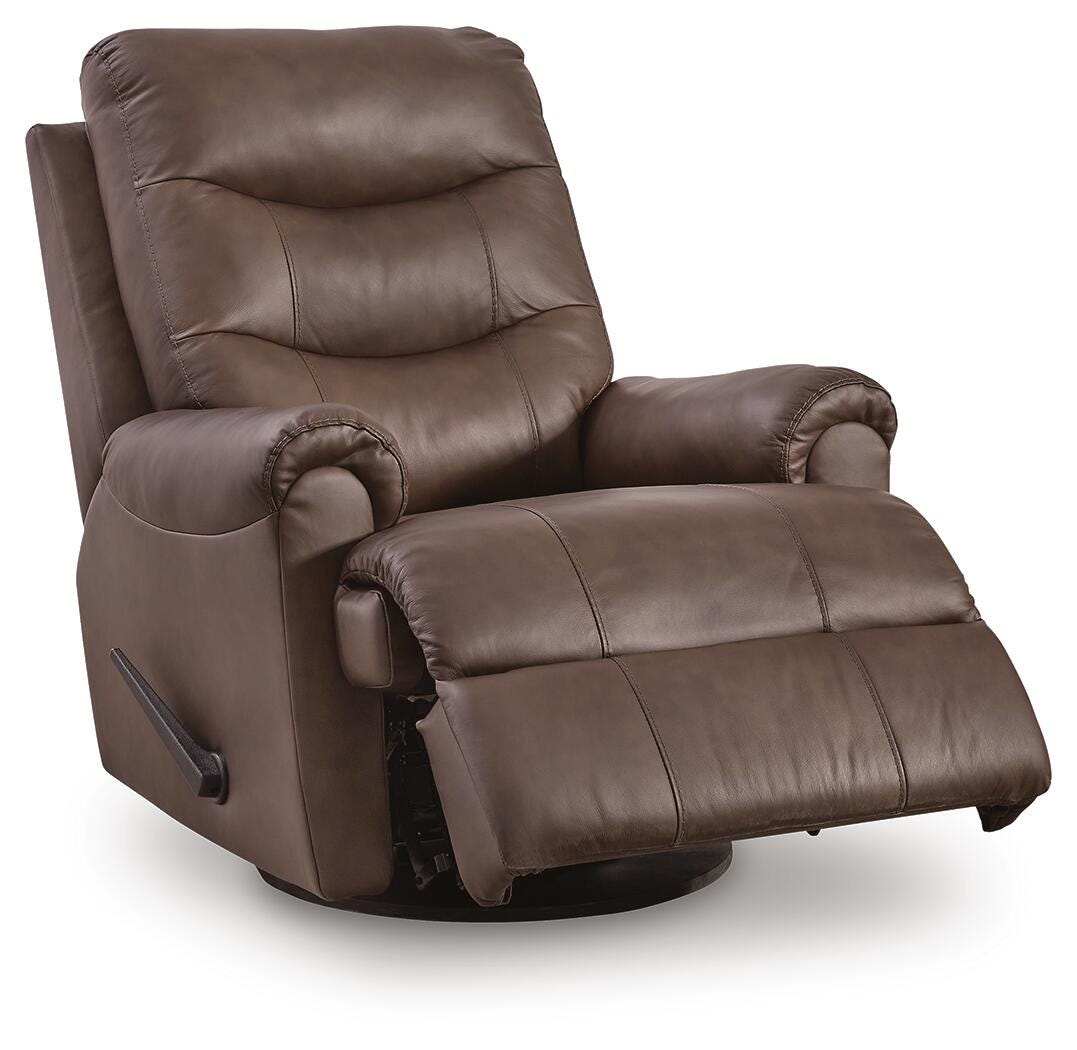 Flynwood Espresso Leather Swivel Glider Recliner angled view