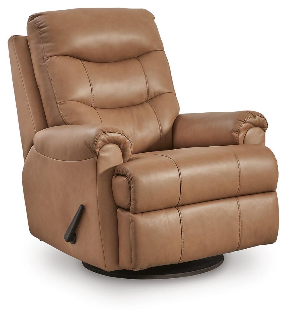 Flynwood Butternut Leather Swivel Glider Recliner angled view