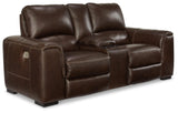 Side view of Alessandro Walnut Power Reclining Loveseat with console open