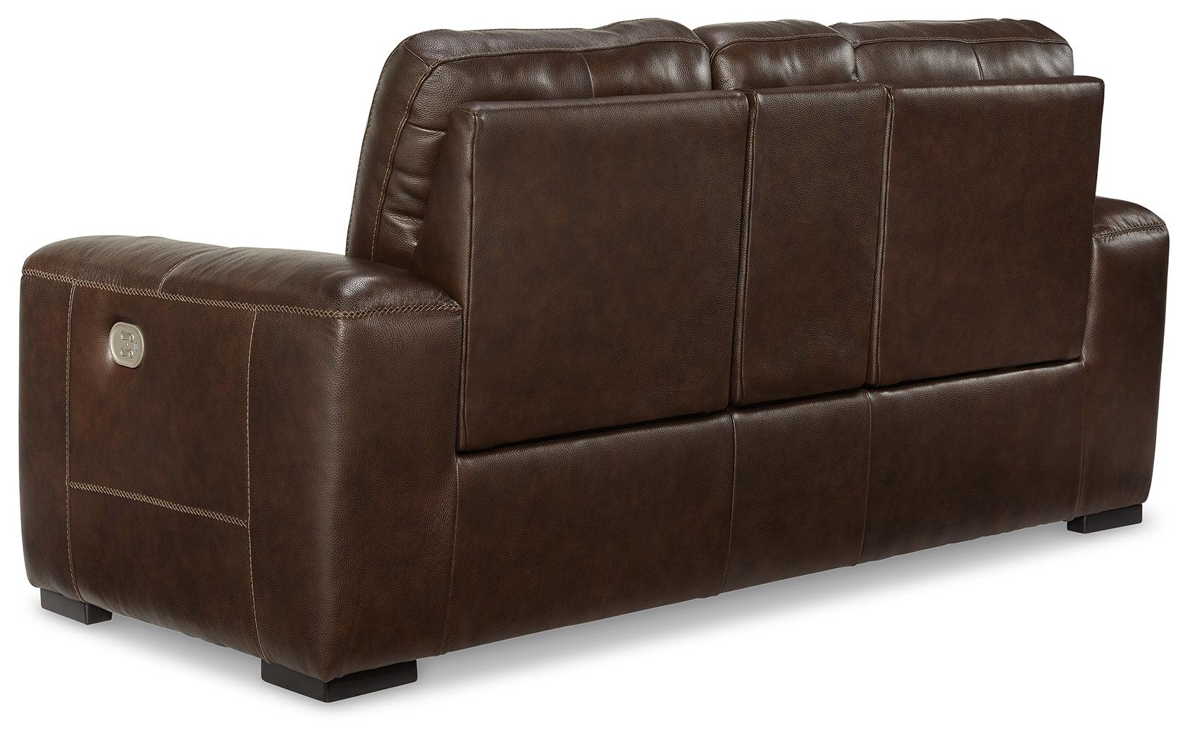 Console storage compartment open on Alessandro loveseat