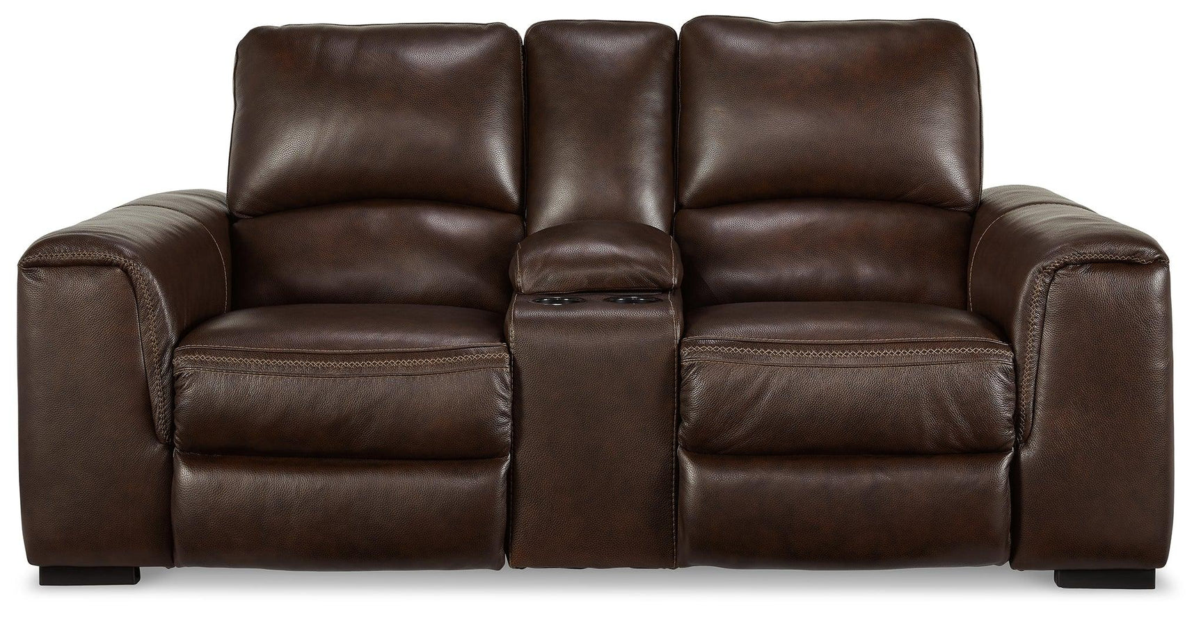 Side angle showing reclining mechanism on Alessandro Walnut loveseat