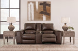 Cup holders and console on Alessandro Walnut Reclining Loveseat