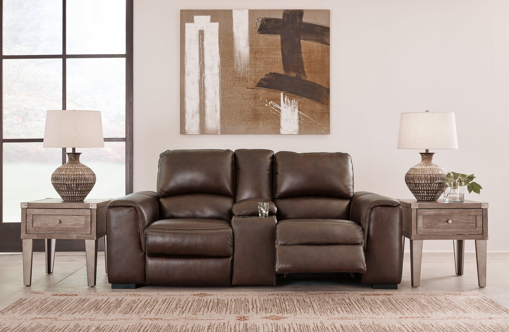Cup holders and console on Alessandro Walnut Reclining Loveseat