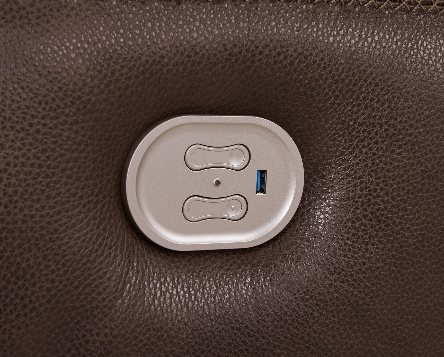 Detail of power recline and USB port on Alessandro Walnut Power Recliner