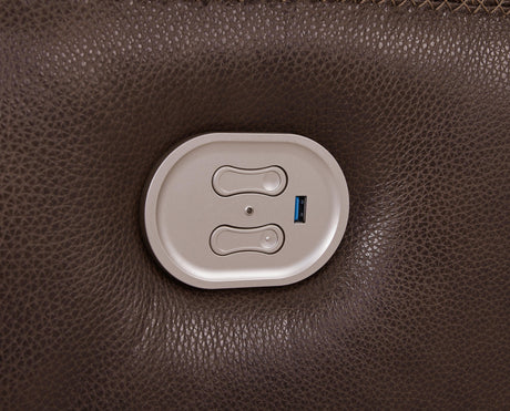 Detail of power recline and USB port on Alessandro Walnut Power Recliner