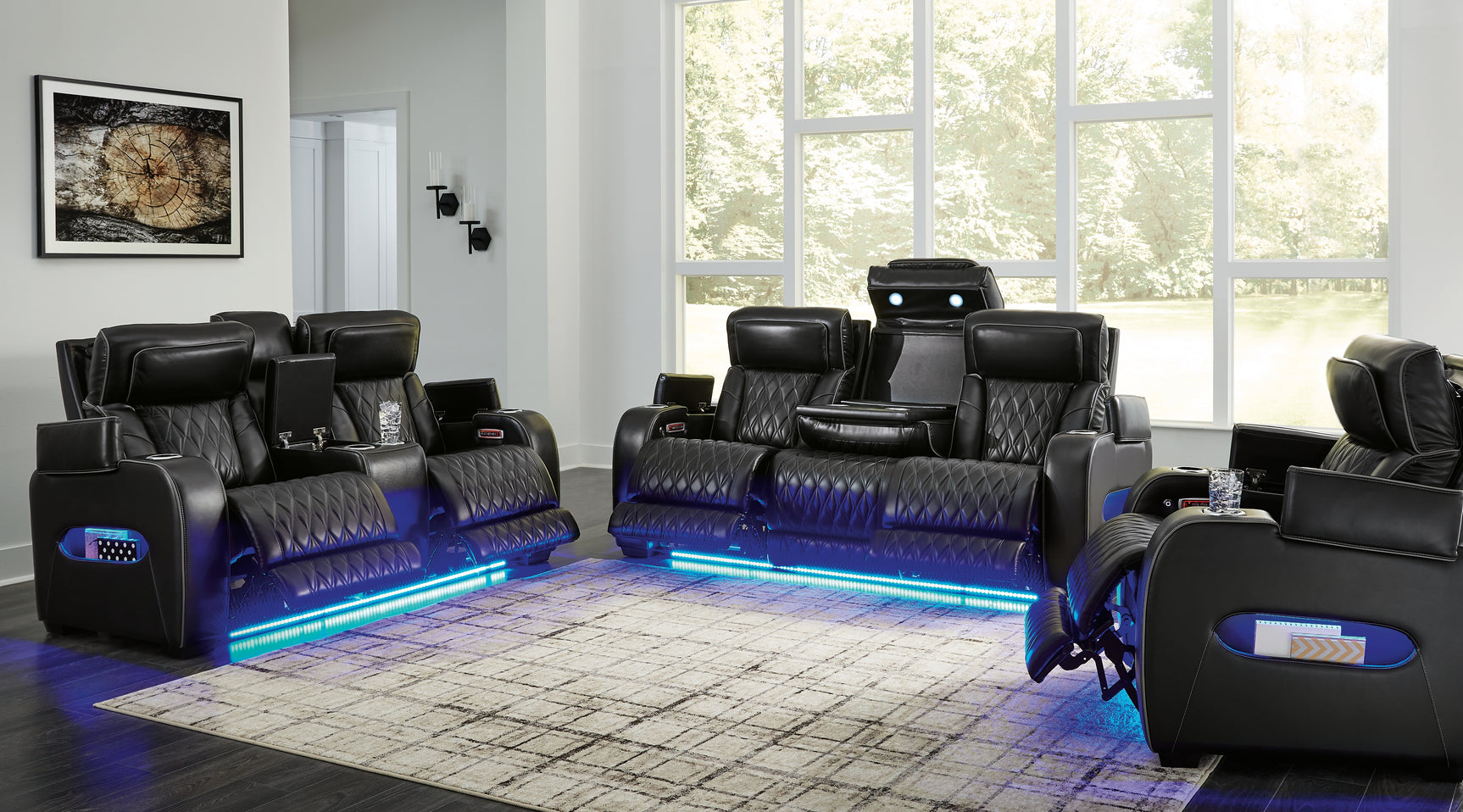 Boyington Sofa, Loveseat, and Recliner set in showroom