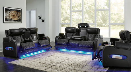 Boyington Sofa, Loveseat, and Recliner set in showroom