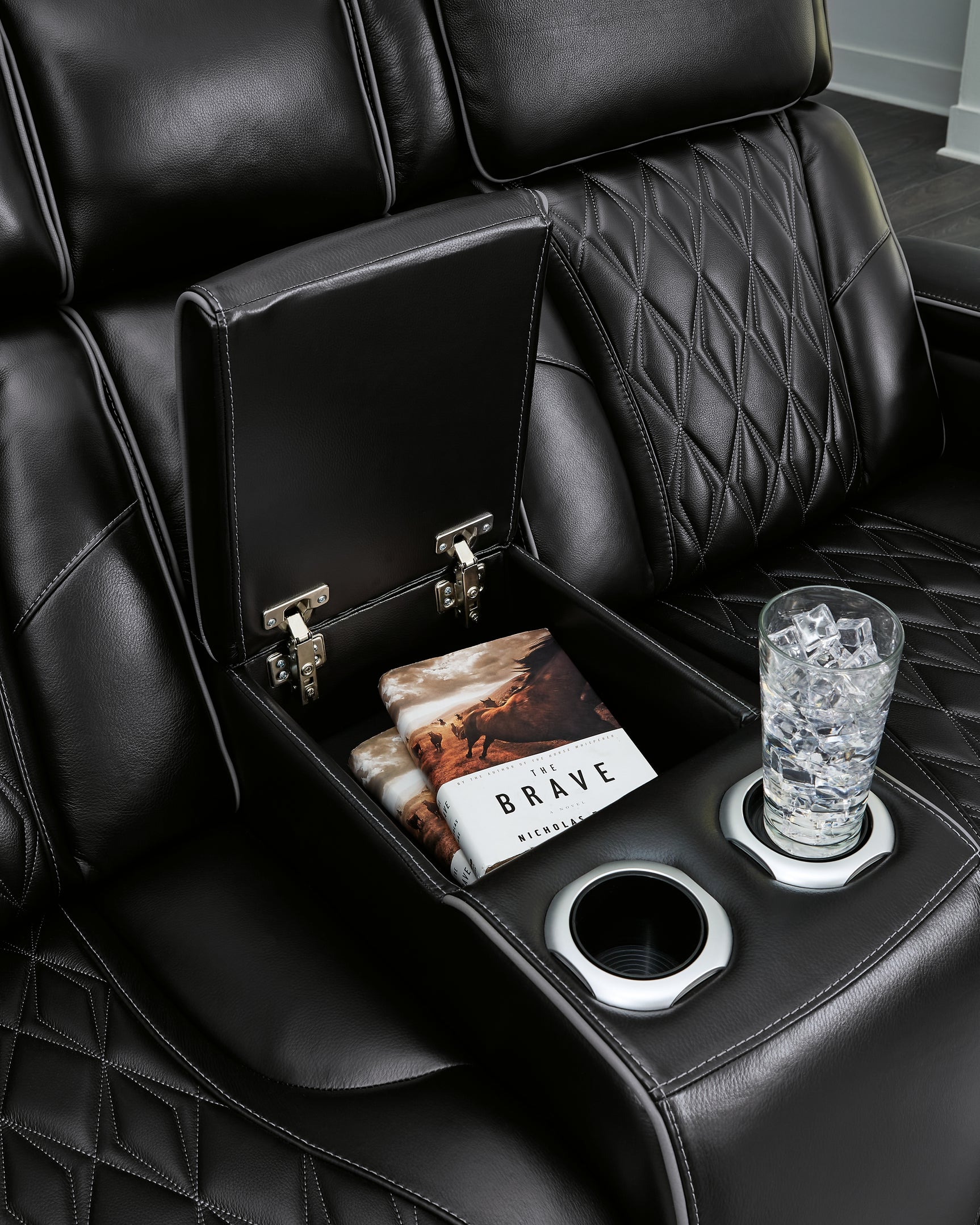 Boyington black sofa and loveseat set in living room