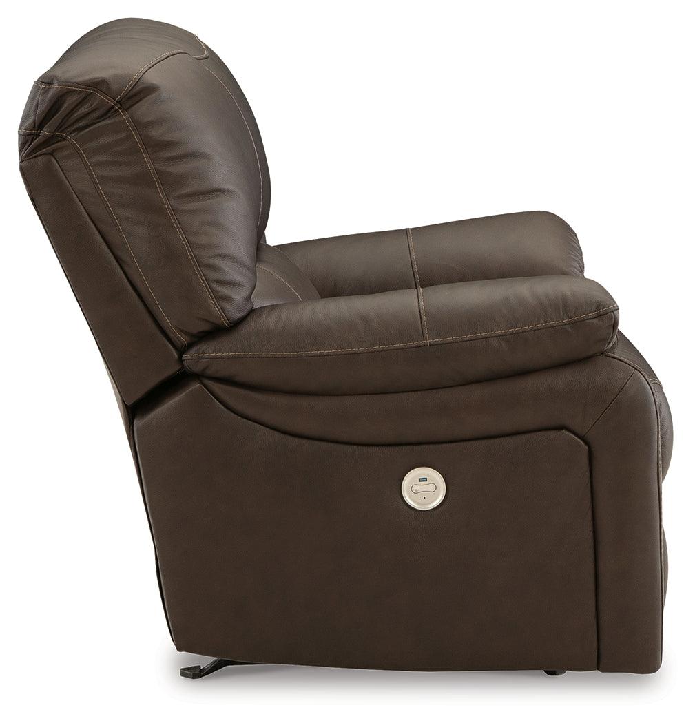 Back side view of Leesworth Dark Brown Leather Power Recliner