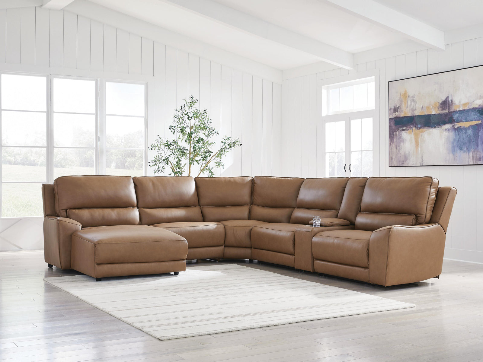 DeepWakes Caramel Leather 6-Piece Power Reclining Sectional with Chaise