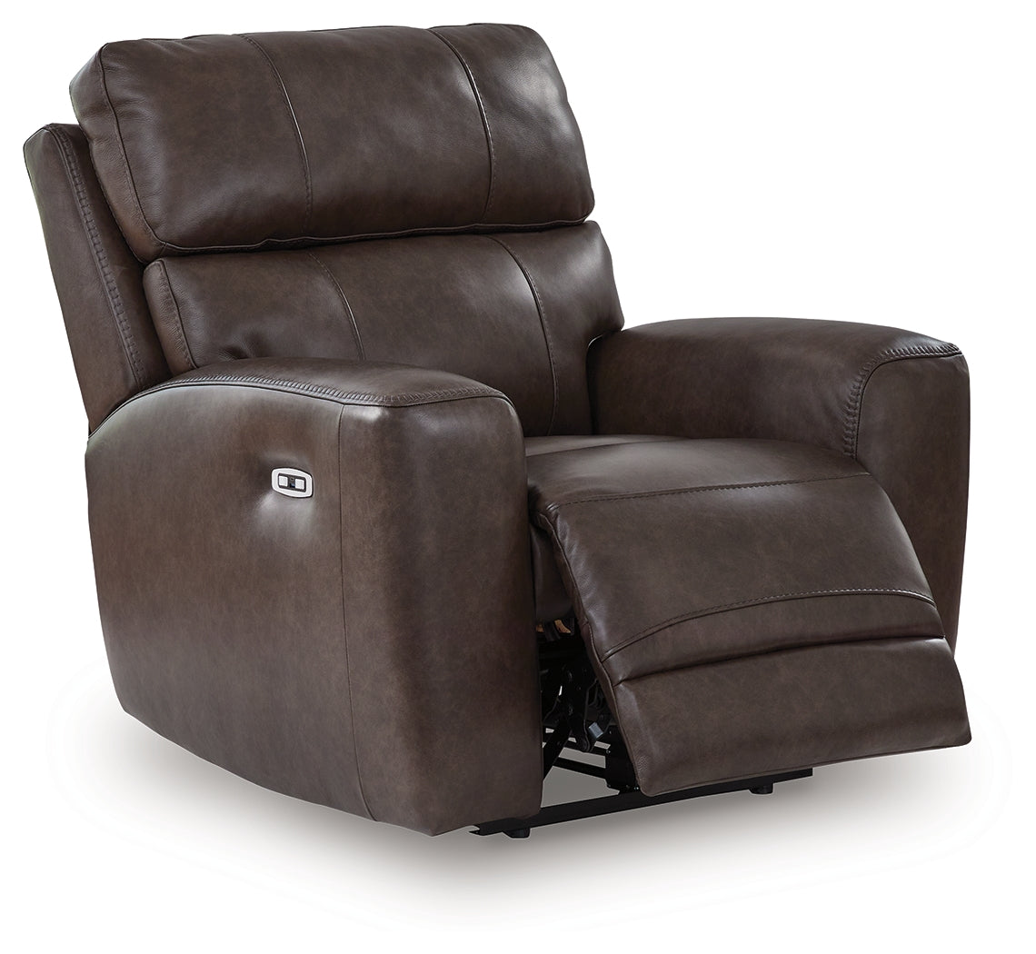 Crossplex Smoke Leather Power Recliner in reclined position