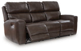 Crossplex Smoke leather power reclining sofa angle showing drop-down table
